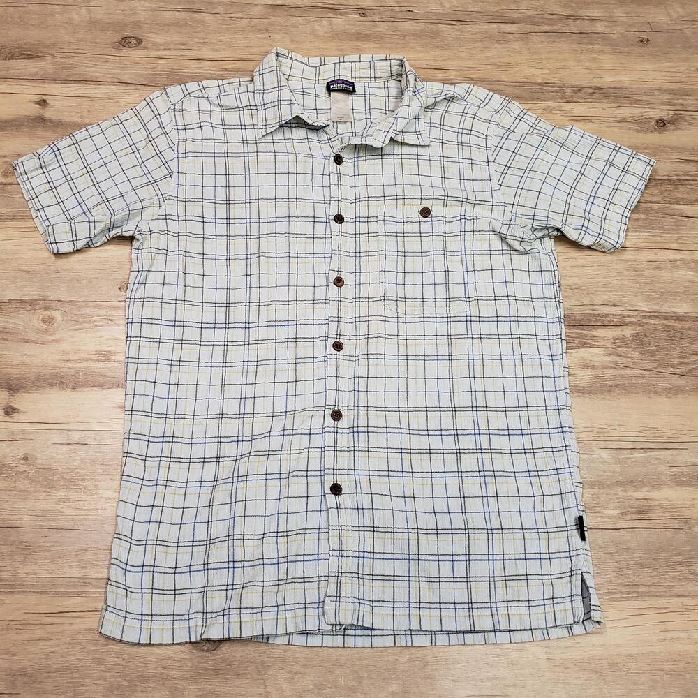 Patagonia Shirt Mens Medium Blue Plaid Short Sleeve Organic Cotton Button Up